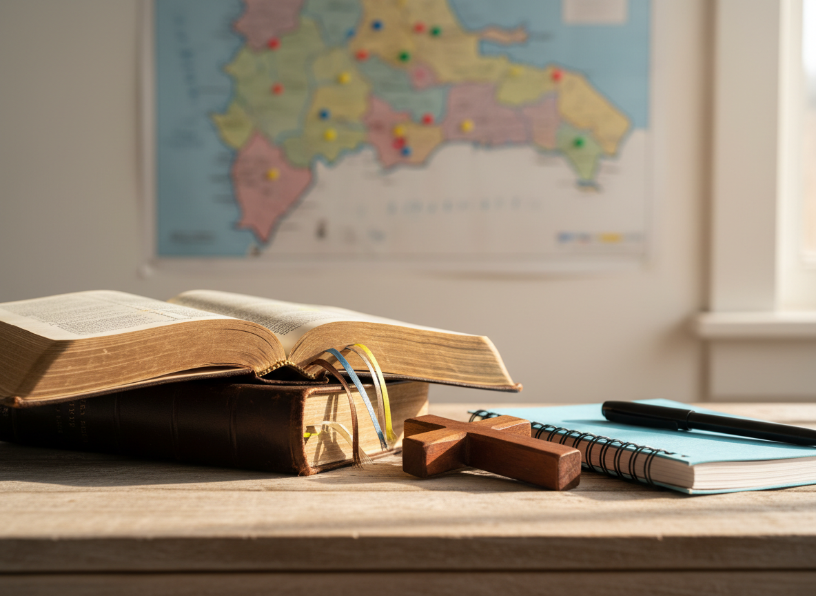 A well-worn leather Bible, its pages gently fanned open to a highlighted passage, rests on a simple wooden table beside a small, hand-carved wooden cross and a spiral-bound journal. In the background, a blurred map of the Dominican Republic hangs on a white wall, with colorful pins marking different regions. Soft morning sunlight filters in from a nearby window, creating warm highlights on the leather texture and gentle shadows along the table grain. Photographic realism, eye-level composition, and shallow depth of field emphasize the objects, conveying a calm, prayerful, and professional atmosphere suitable for a missionary family blog homepage.